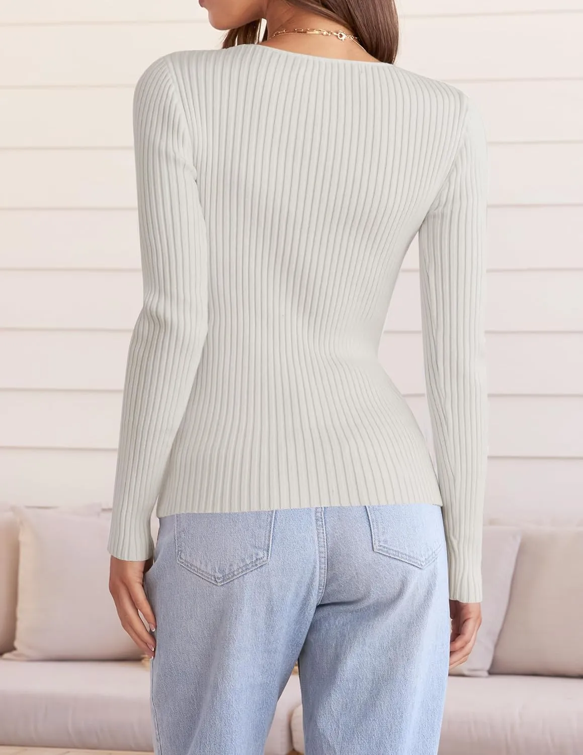 ZESICA Women's Fall Long Sleeve V Neck T Shirts Ribbed Knit Sweater Slim Fit Solid Basic Casual Tee Tops