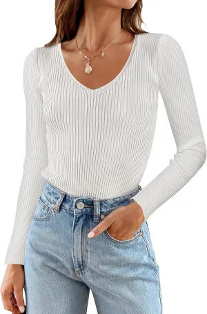 ZESICA Women's Fall Long Sleeve V Neck T Shirts Ribbed Knit Sweater Slim Fit Solid Basic Casual Tee Tops