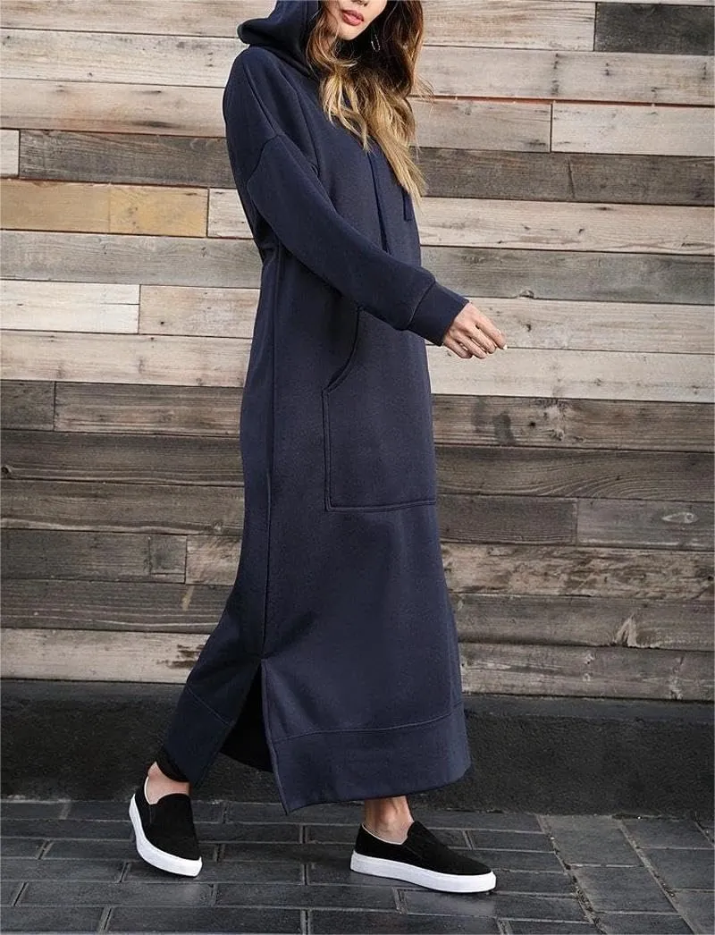ZOCANIA Womens Maxi Hoodie Dress Oversized V Neck Drawstring Long Pullover Sweatshirt Long Sleeve Loose Fit Overall Dress