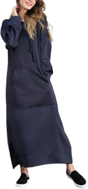 ZOCANIA Womens Maxi Hoodie Dress Oversized V Neck Drawstring Long Pullover Sweatshirt Long Sleeve Loose Fit Overall Dress