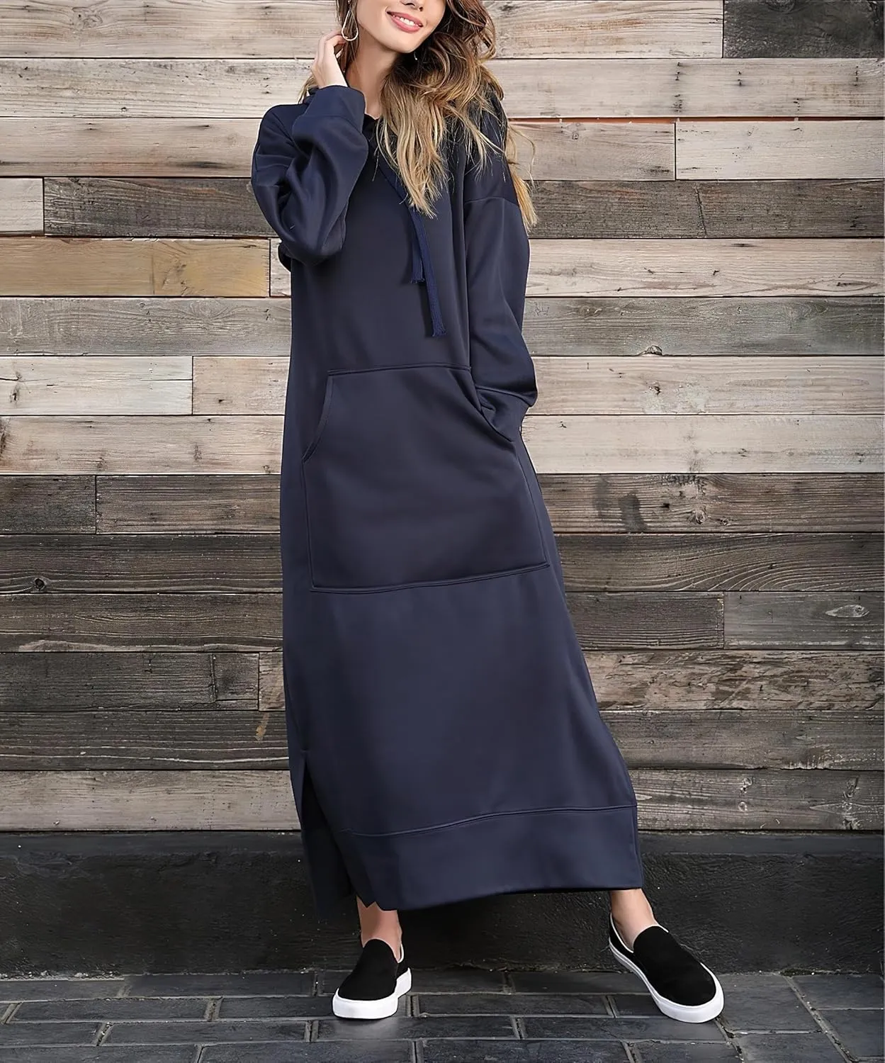 ZOCANIA Womens Maxi Hoodie Dress Oversized V Neck Drawstring Long Pullover Sweatshirt Long Sleeve Loose Fit Overall Dress