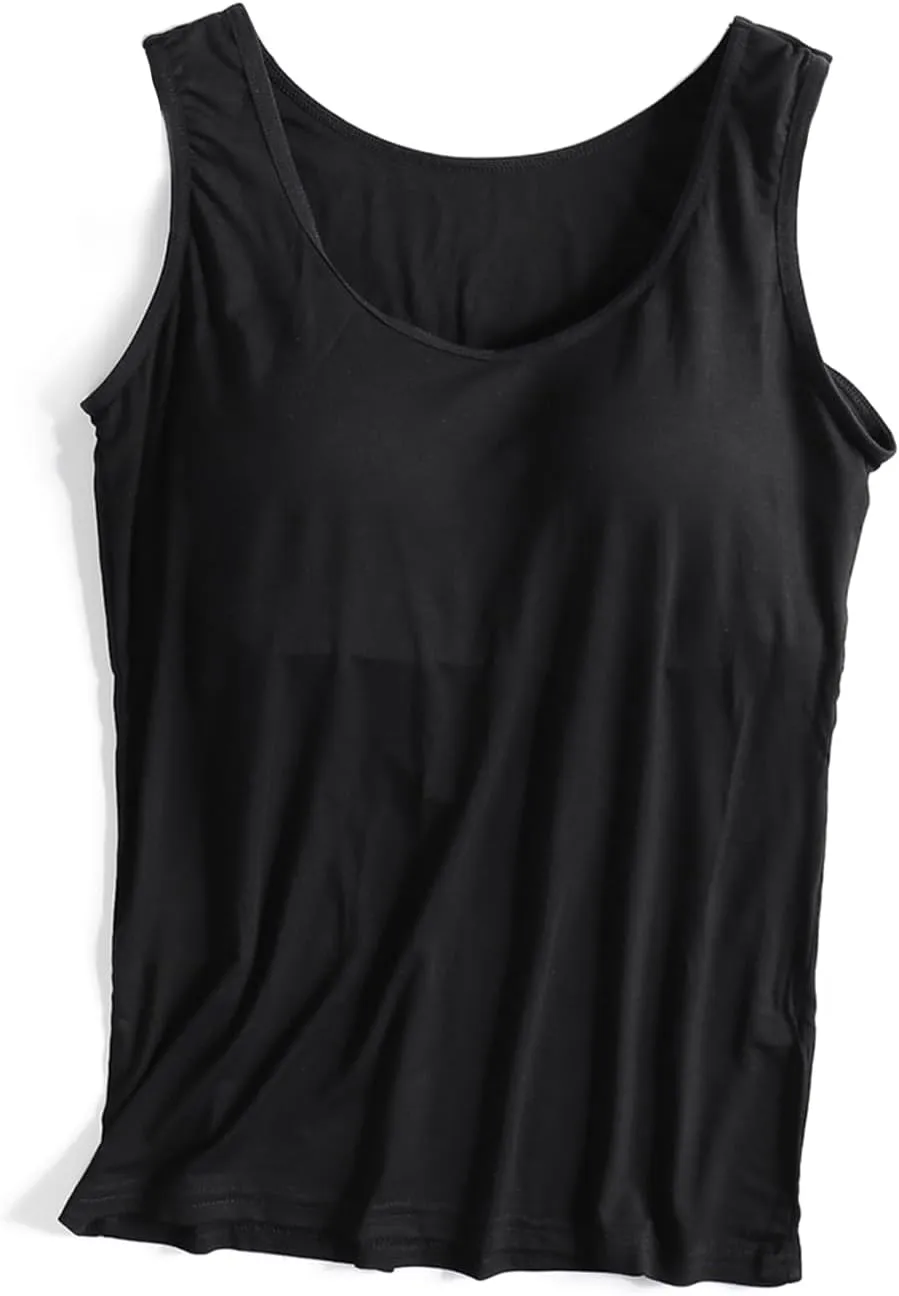 Zylioo Womens Modal Padded Built-in-Bra Tanks Tops Crew Neck Wireless Bra Camisole Casual Slim-Fit Shirts Tee Plus Size