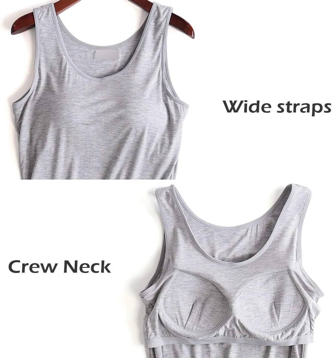 Zylioo Womens Modal Padded Built-in-Bra Tanks Tops Crew Neck Wireless Bra Camisole Casual Slim-Fit Shirts Tee Plus Size