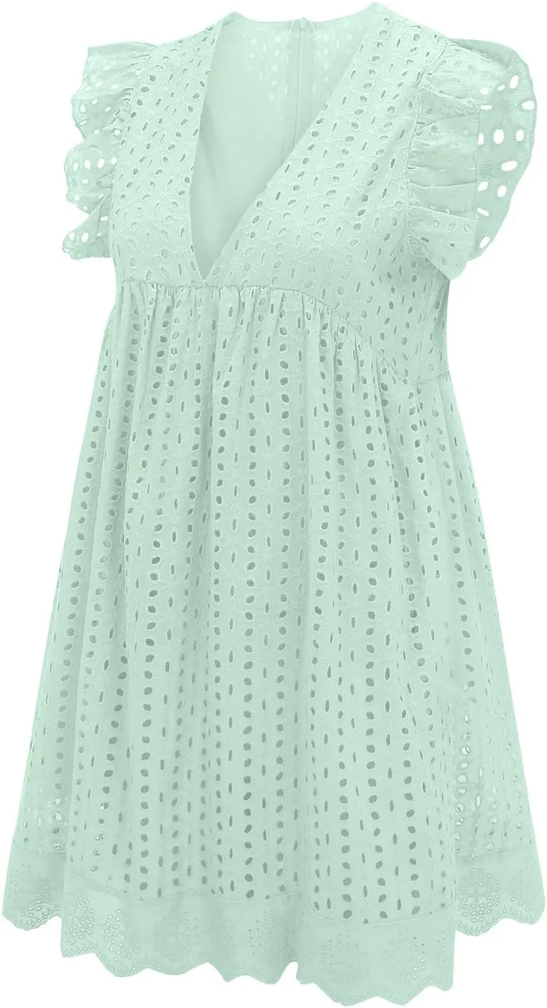 ZYXTIM Summer Dresses for Women 2024 Ruffle Sleeve V-Neck Zipper Back Hollow Out Loose A-Line Cocktail Beach Party Sundress