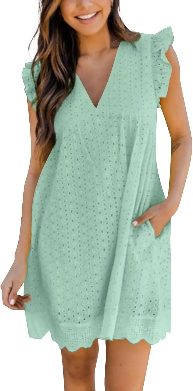 ZYXTIM Summer Dresses for Women 2024 Ruffle Sleeve V-Neck Zipper Back Hollow Out Loose A-Line Cocktail Beach Party Sundress