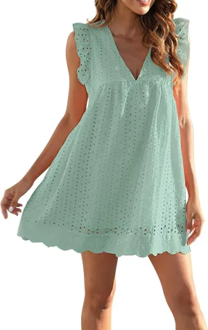 ZYXTIM Summer Dresses for Women 2024 Ruffle Sleeve V-Neck Zipper Back Hollow Out Loose A-Line Cocktail Beach Party Sundress