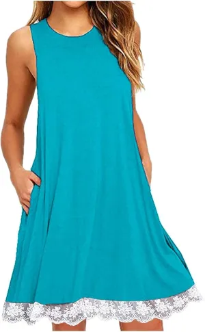 ZYXTIM Sundresses for Women 2024 Sleeveless Summer Dresses Casual Beach Dress Lace Hem Ruffle Tiered Tank Dress with Pockets