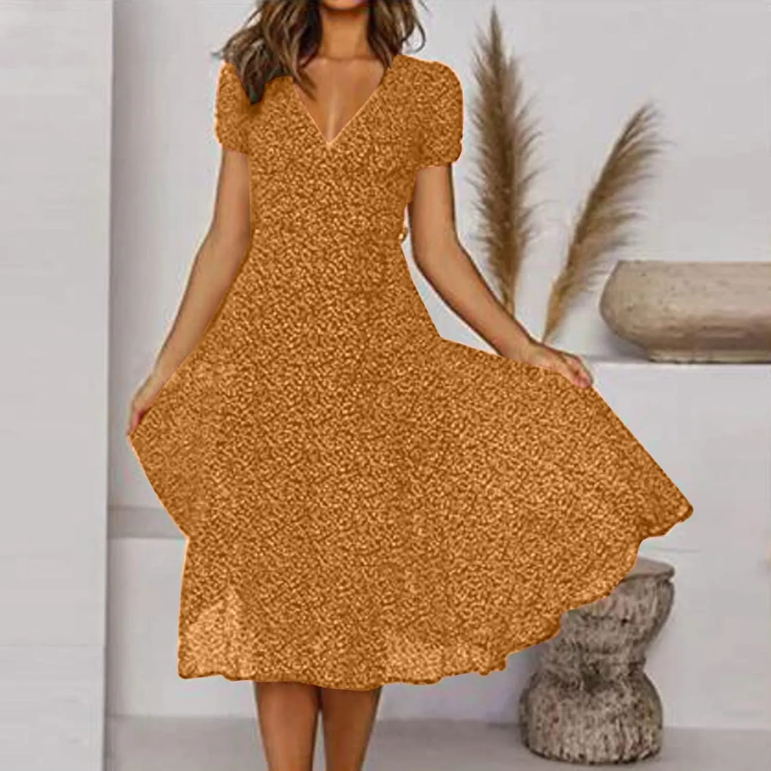 ZYXTIM Women's Elegant V Neck Summer Boho Dress Floral Print Short Sleeve Elastic Waist Flowy Dress Travel Vacation Outfits