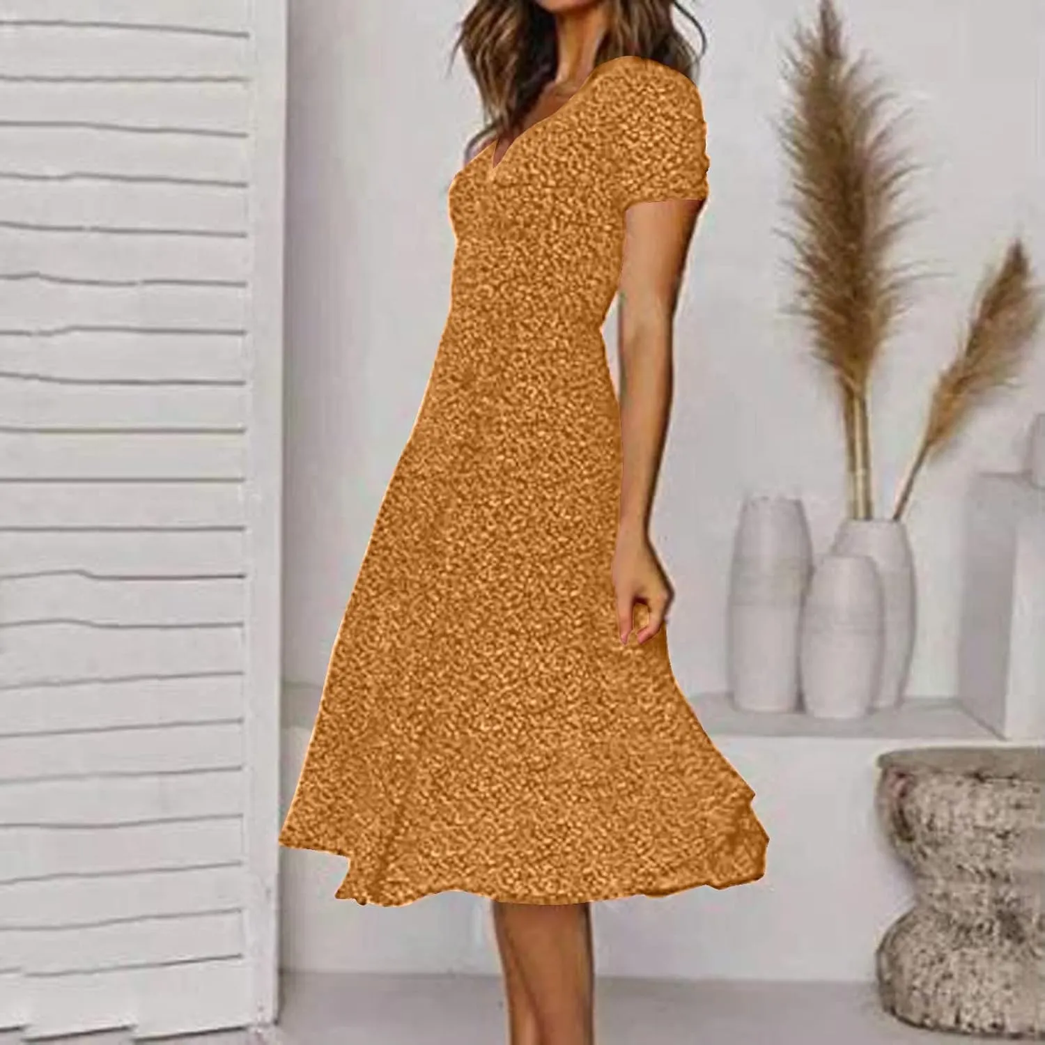 ZYXTIM Women's Elegant V Neck Summer Boho Dress Floral Print Short Sleeve Elastic Waist Flowy Dress Travel Vacation Outfits