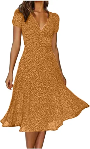 ZYXTIM Women's Elegant V Neck Summer Boho Dress Floral Print Short Sleeve Elastic Waist Flowy Dress Travel Vacation Outfits