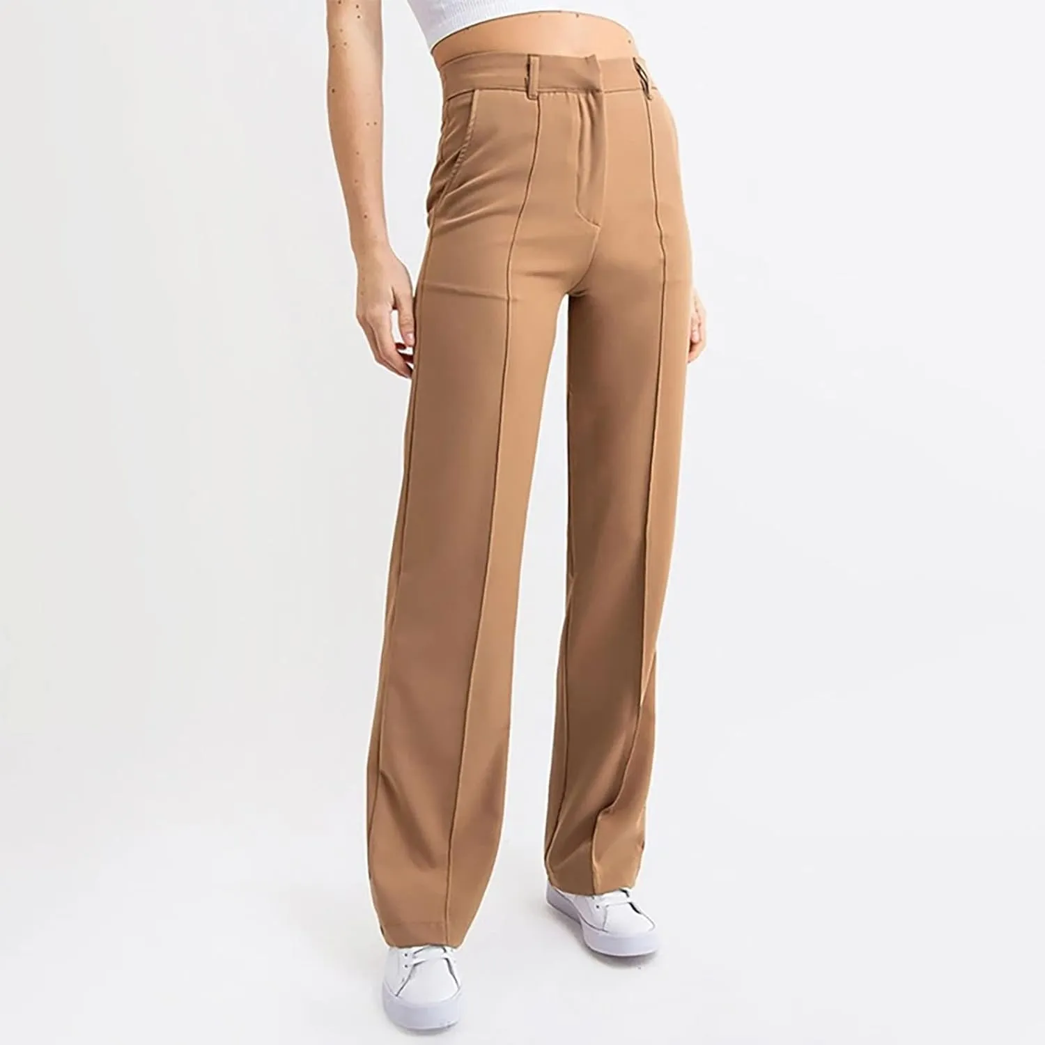ZYXTIM Women's High Waist Straight Pants Flat Front Smart Work Trousers Zipper Fly Business Casual Trouser Petite-Plus Size