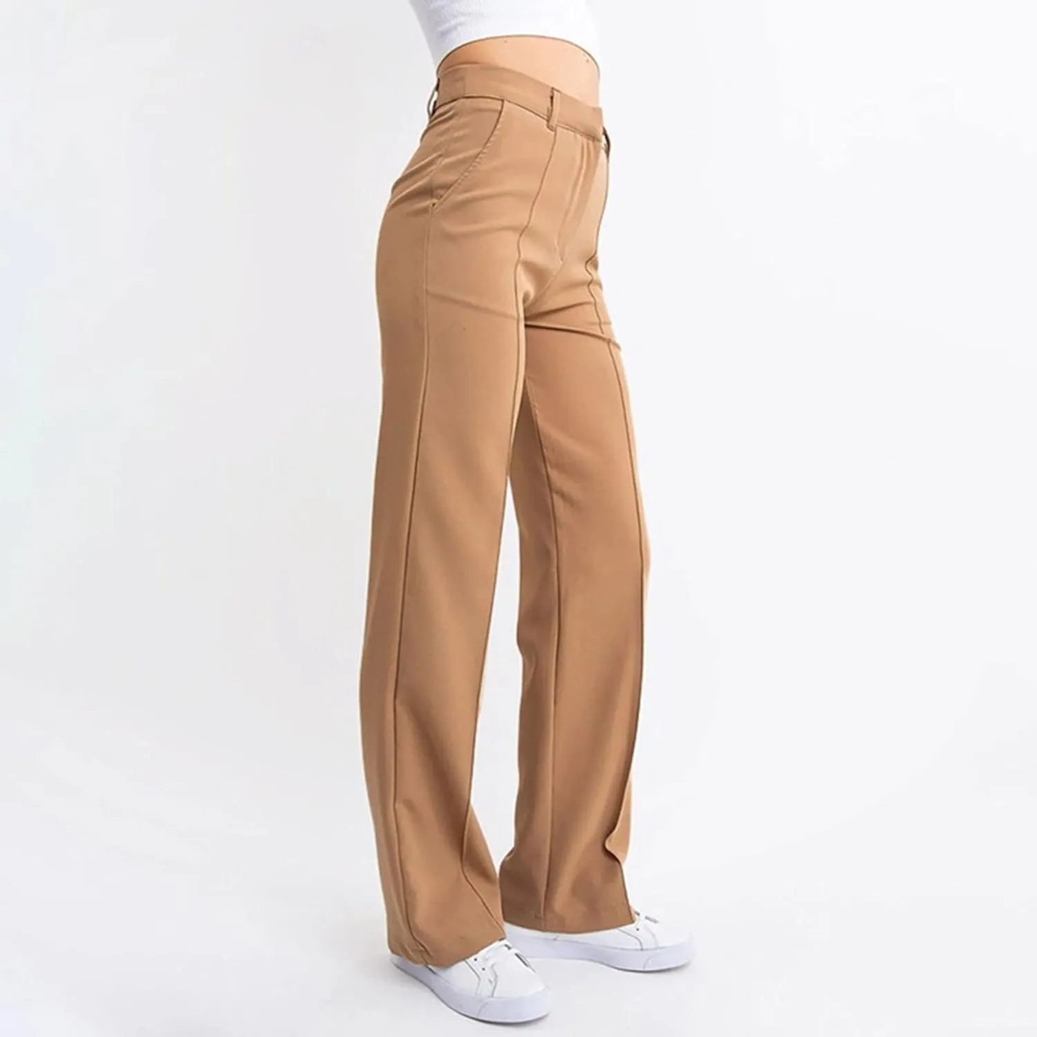 ZYXTIM Women's High Waist Straight Pants Flat Front Smart Work Trousers Zipper Fly Business Casual Trouser Petite-Plus Size